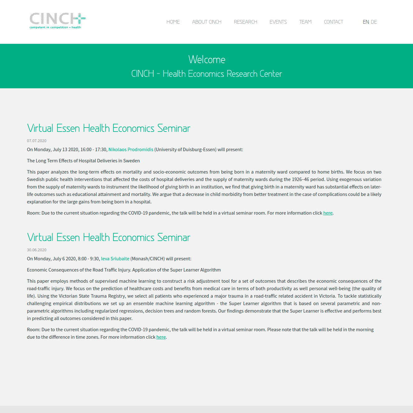 Screenshot Website CINCH - Forschungszentrum für Gesundheitsökonomik
